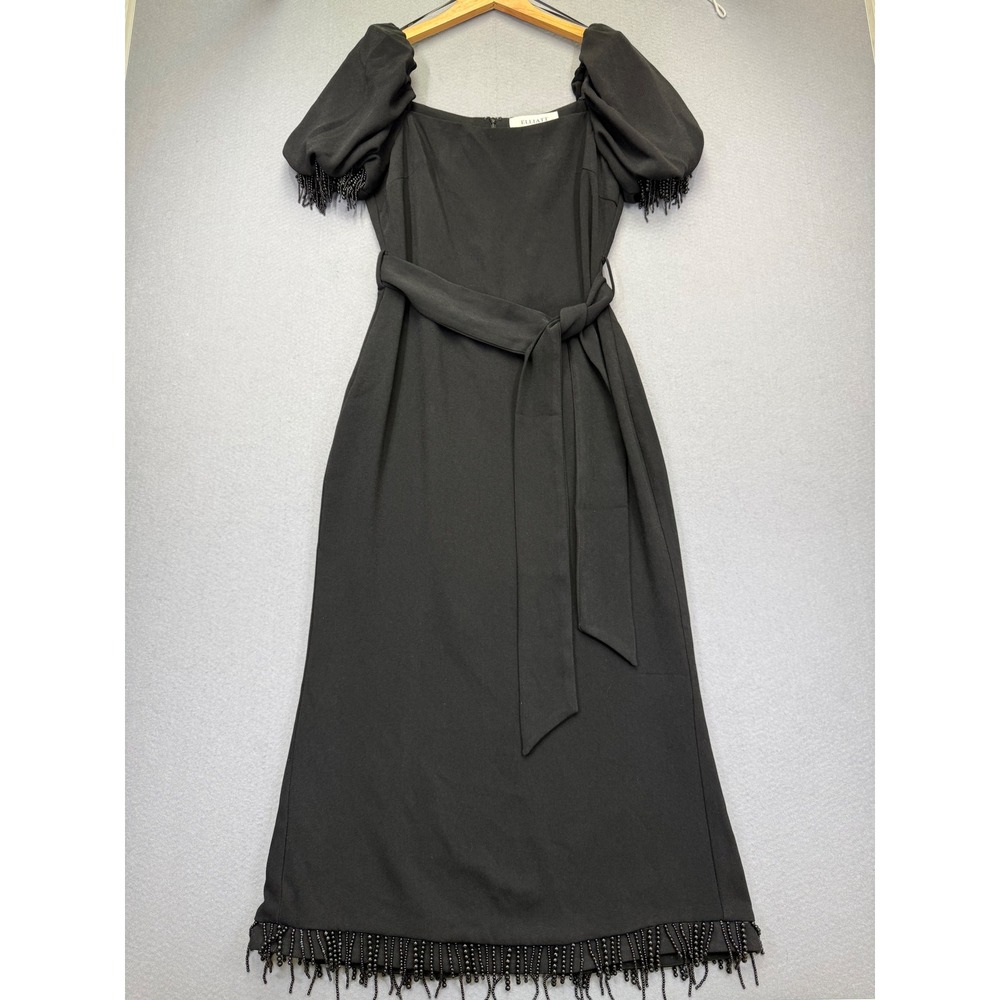ELLIATT Black Beaded Fringe Puff Sleeve Square Neck Midi Dress Womens Large L